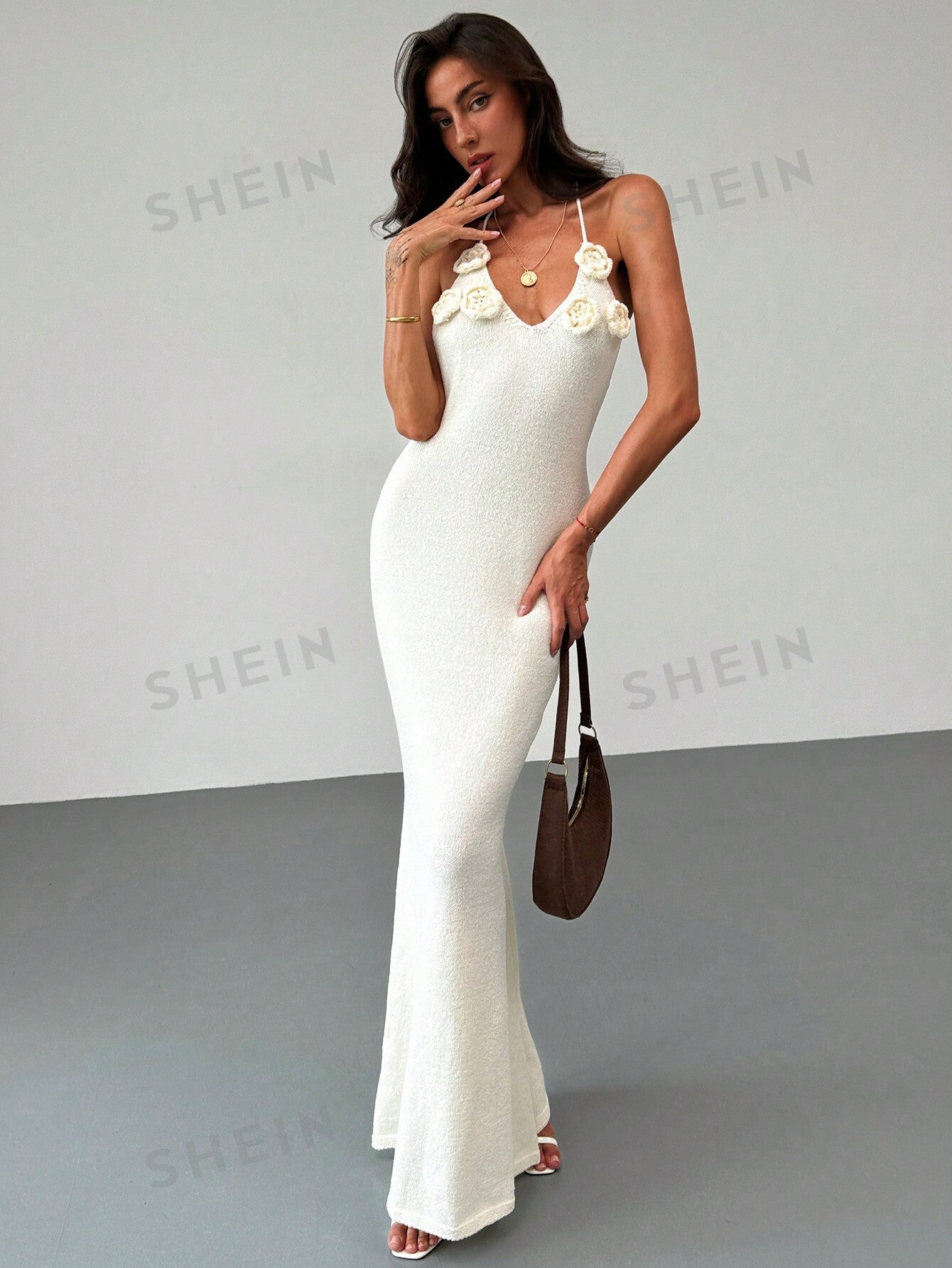 Aloruh Apricot Color Bandage Backless Floral Knitted Bodycon Dress For Romantic Date Or Vacation - Negative Apparel