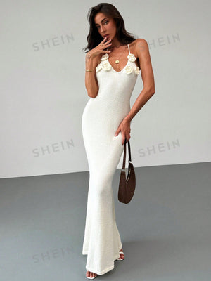 Aloruh Apricot Color Bandage Backless Floral Knitted Bodycon Dress For Romantic Date Or Vacation - Negative Apparel