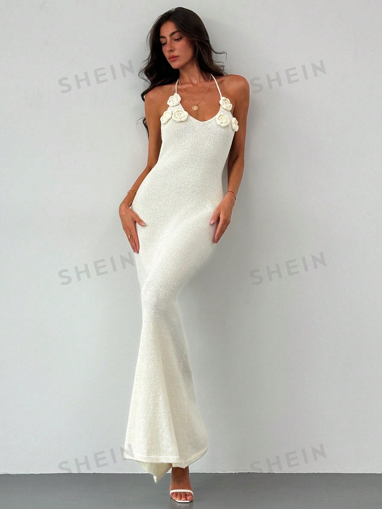 Aloruh Apricot Color Bandage Backless Floral Knitted Bodycon Dress For Romantic Date Or Vacation - Negative Apparel