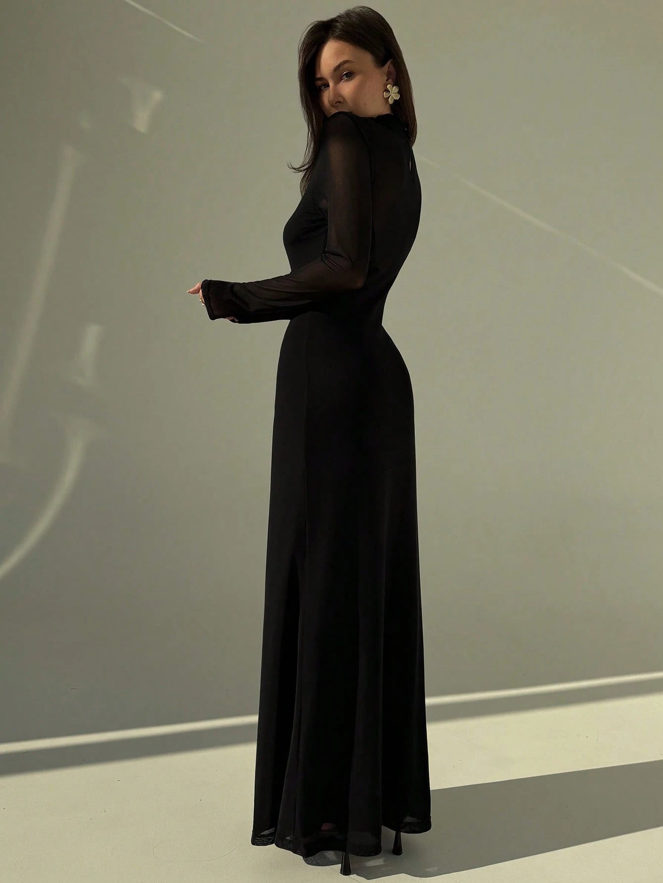 Aloruh Black Sexy Mesh Sheer High Neck Long Sleeve Bodycon Dress For Women FD - Negative Apparel