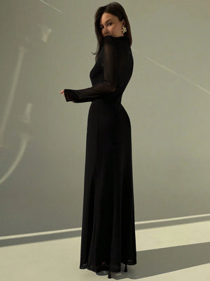 Aloruh Black Sexy Mesh Sheer High Neck Long Sleeve Bodycon Dress For Women FD - Negative Apparel
