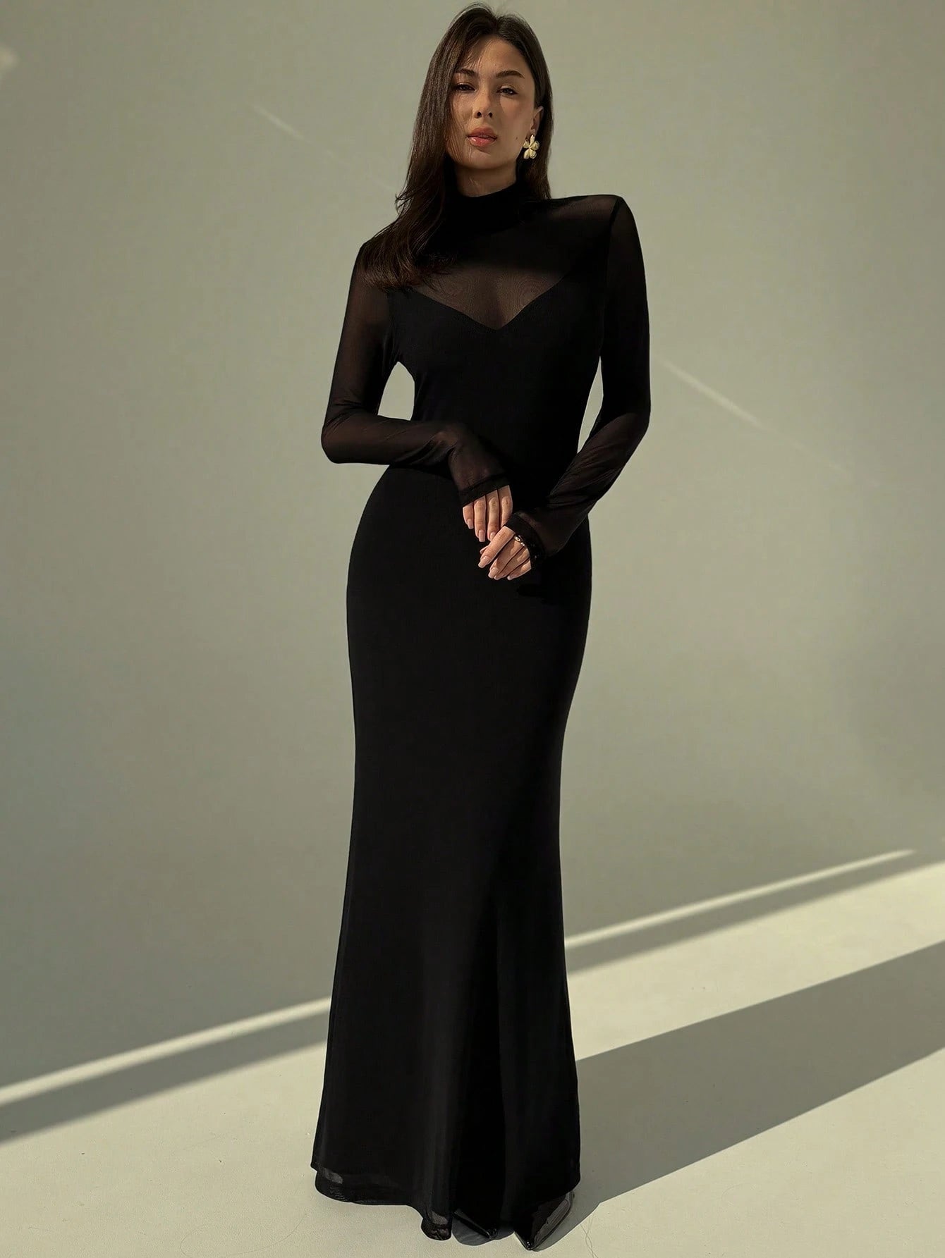 Aloruh Black Sexy Mesh Sheer High Neck Long Sleeve Bodycon Dress For Women FD - Negative Apparel