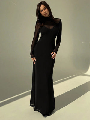 Aloruh Black Sexy Mesh Sheer High Neck Long Sleeve Bodycon Dress For Women FD - Negative Apparel