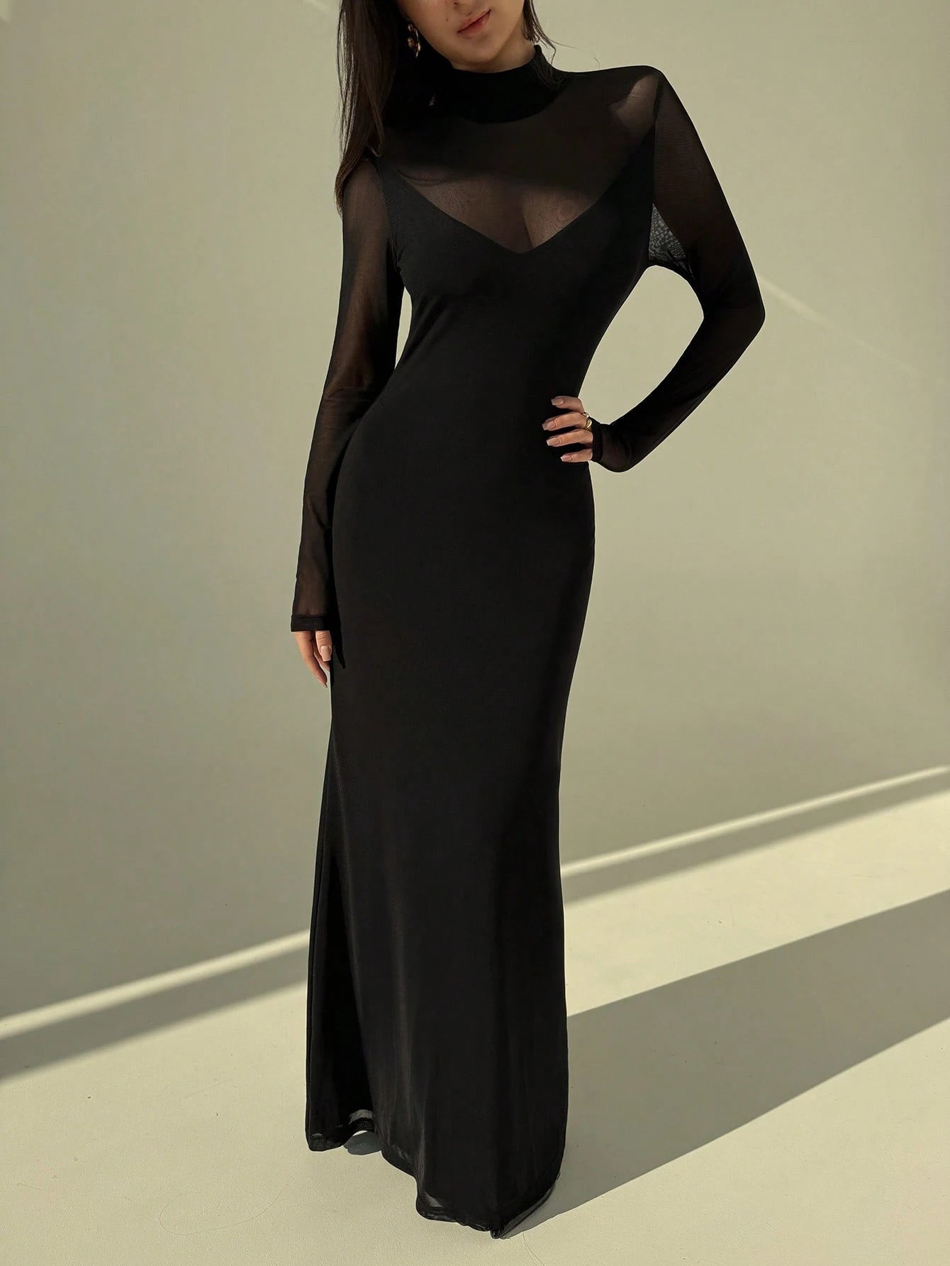 Aloruh Black Sexy Mesh Sheer High Neck Long Sleeve Bodycon Dress For Women FD - Negative Apparel