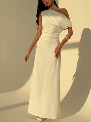 Aloruh Elegant Asymmetrical Shoulder Ruched Waist Cinched A - Line Dress, Simple Plain Commuting Dress FD - Negative Apparel