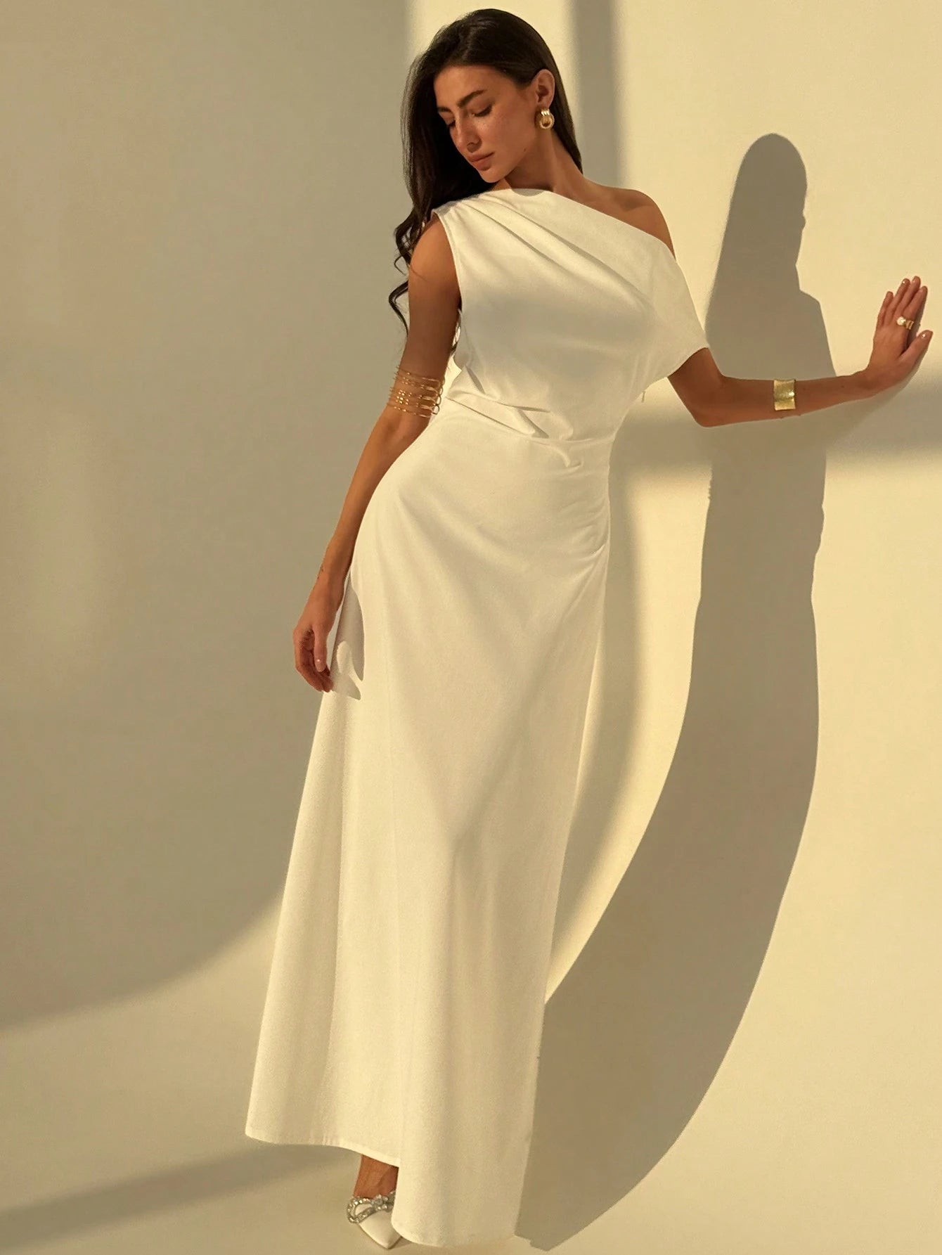 Aloruh Elegant Asymmetrical Shoulder Ruched Waist Cinched A - Line Dress, Simple Plain Commuting Dress FD - Negative Apparel