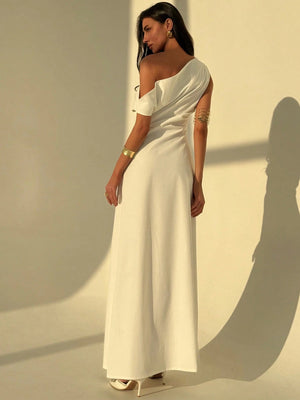 Aloruh Elegant Asymmetrical Shoulder Ruched Waist Cinched A - Line Dress, Simple Plain Commuting Dress FD - Negative Apparel
