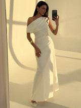 Aloruh Elegant Asymmetrical Shoulder Ruched Waist Cinched A - Line Dress, Simple Plain Commuting Dress FD - Negative Apparel