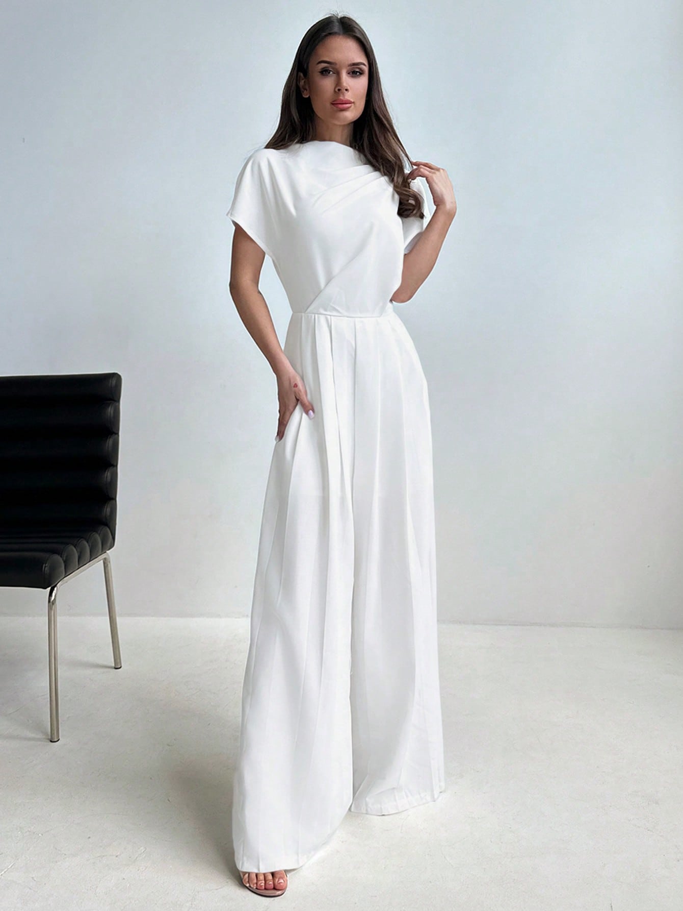 Aloruh Elegant French Ruched Waist Wide Leg Jumpsuit With Stand Collar And Floor - Length, Perfect For Office And Commute To Showcase The Tall And Slim Figure - Negative Apparel