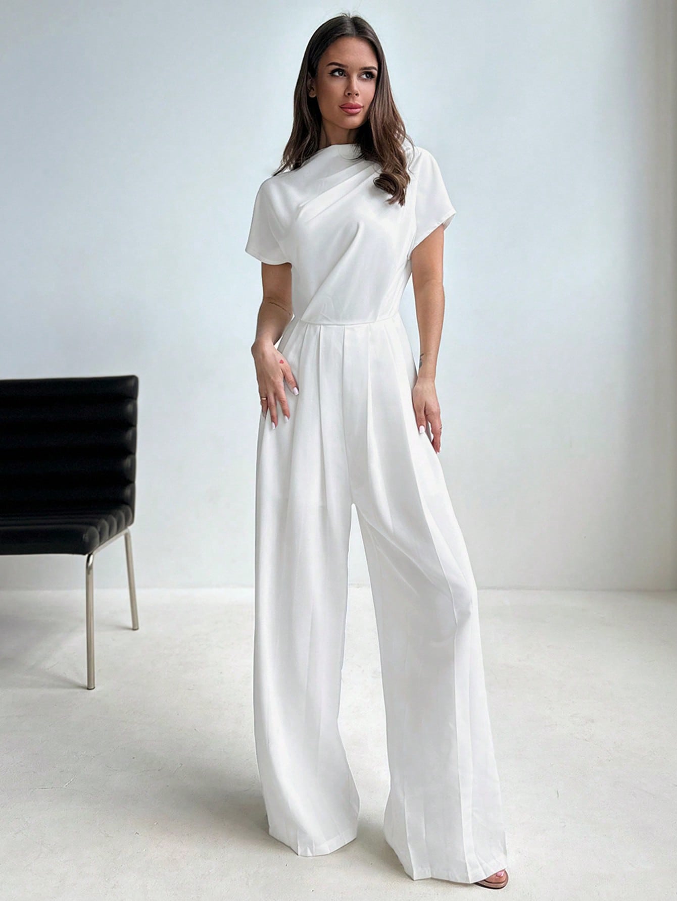 Aloruh Elegant French Ruched Waist Wide Leg Jumpsuit With Stand Collar And Floor - Length, Perfect For Office And Commute To Showcase The Tall And Slim Figure - Negative Apparel