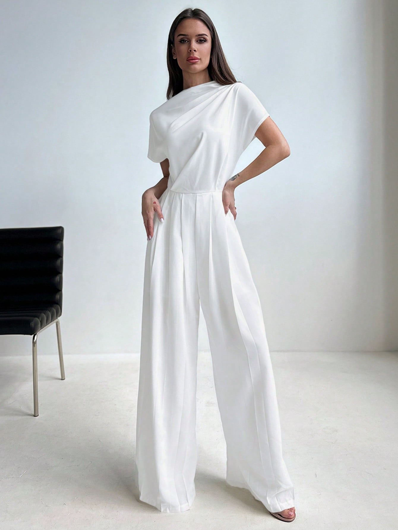 Aloruh Elegant French Ruched Waist Wide Leg Jumpsuit With Stand Collar And Floor - Length, Perfect For Office And Commute To Showcase The Tall And Slim Figure - Negative Apparel