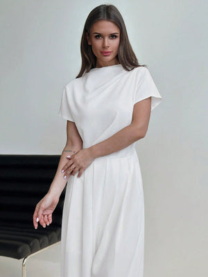 Aloruh Elegant French Ruched Waist Wide Leg Jumpsuit With Stand Collar And Floor - Length, Perfect For Office And Commute To Showcase The Tall And Slim Figure - Negative Apparel