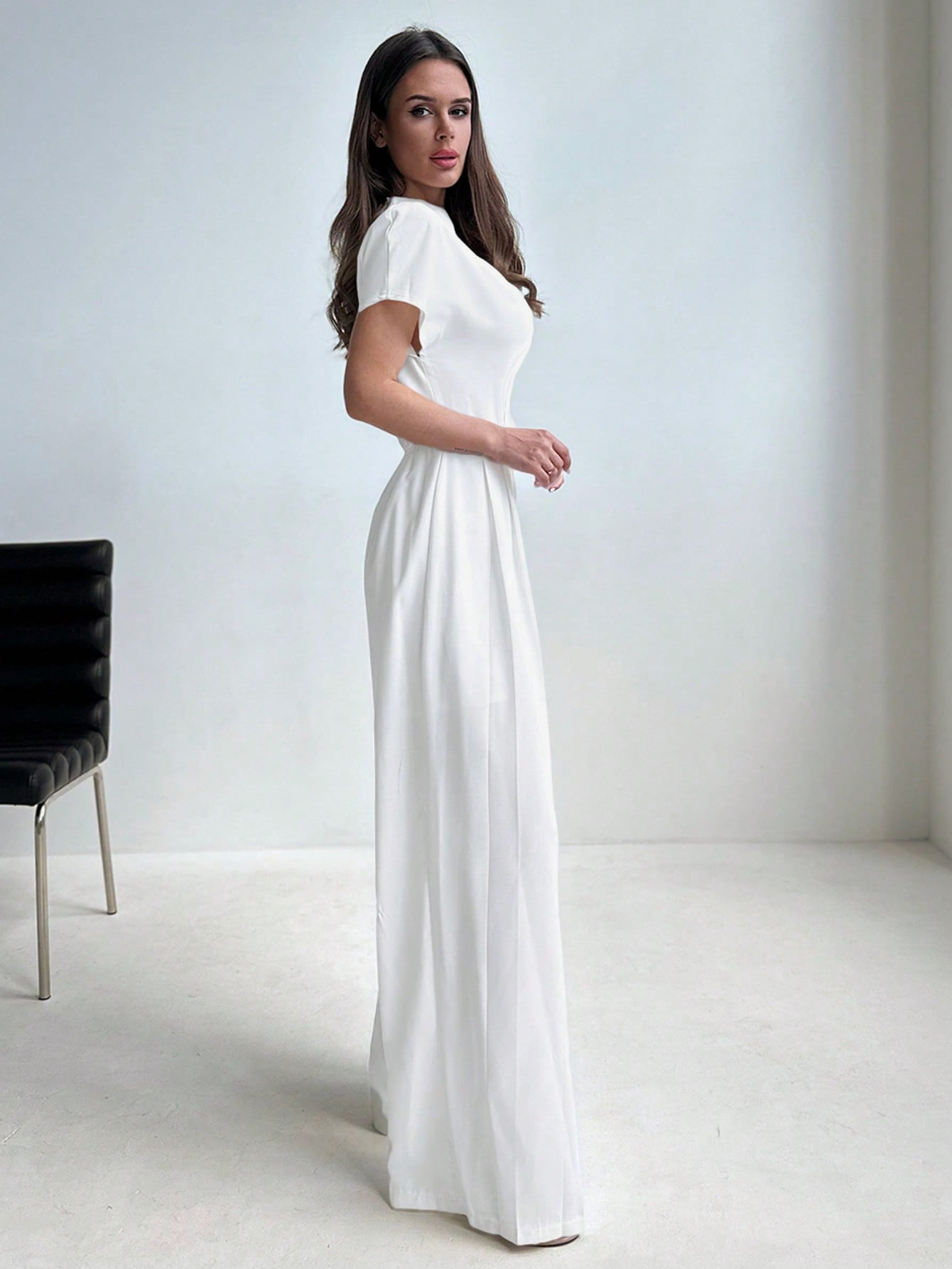 Aloruh Elegant French Ruched Waist Wide Leg Jumpsuit With Stand Collar And Floor - Length, Perfect For Office And Commute To Showcase The Tall And Slim Figure - Negative Apparel