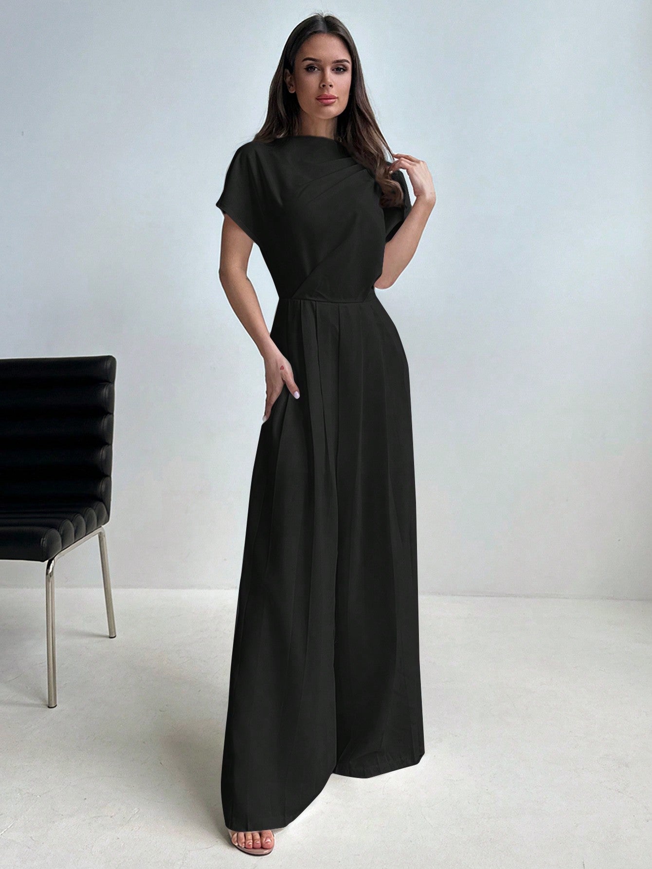 Aloruh Elegant French Ruched Waist Wide Leg Jumpsuit With Stand Collar And Floor - Length, Perfect For Office And Commute To Showcase The Tall And Slim Figure - Negative Apparel