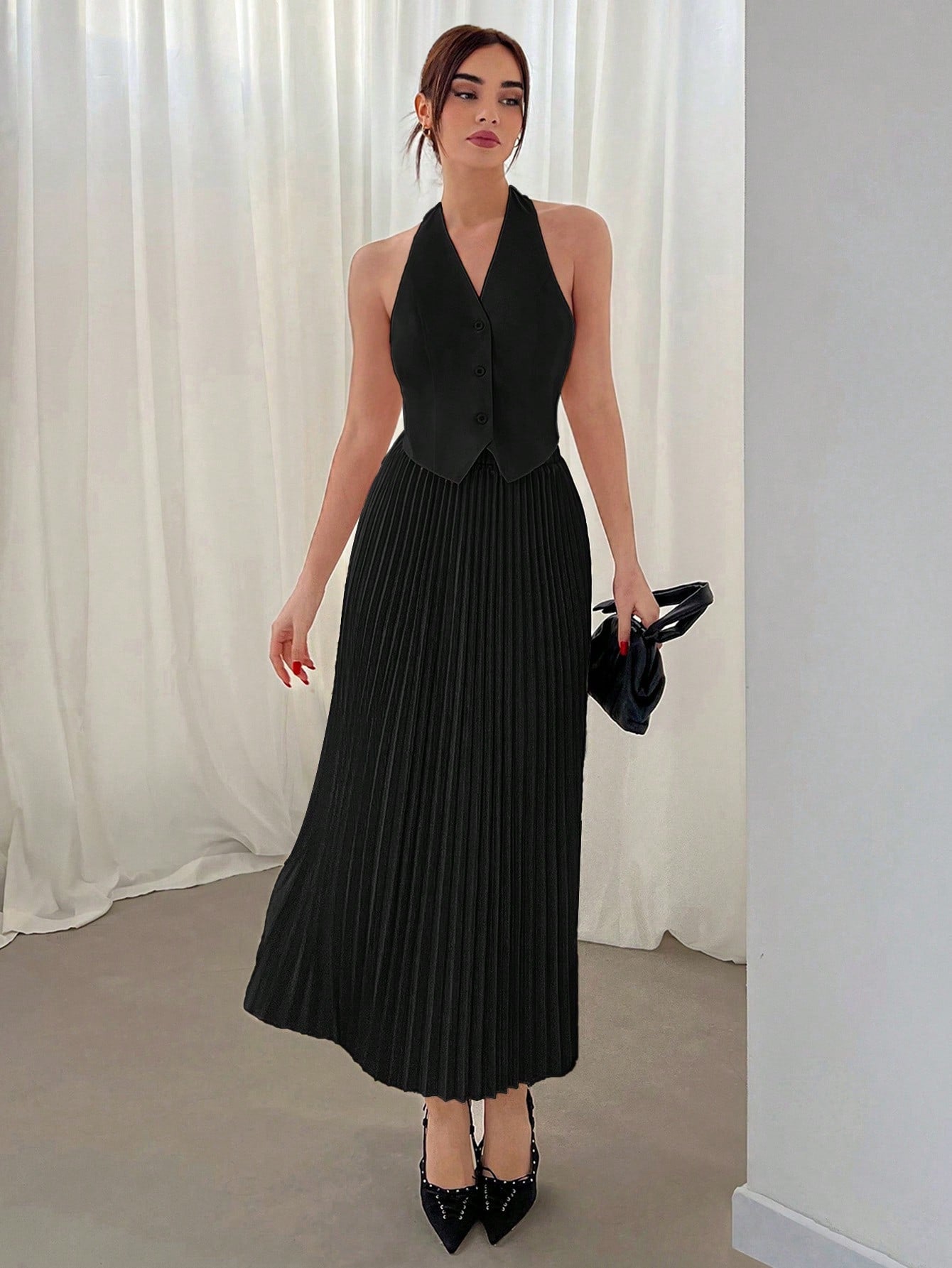 ワンピース Pleated skirt slim vest one piece Outfits Skirt And Top Womens V Neck Vest Top And Pleated