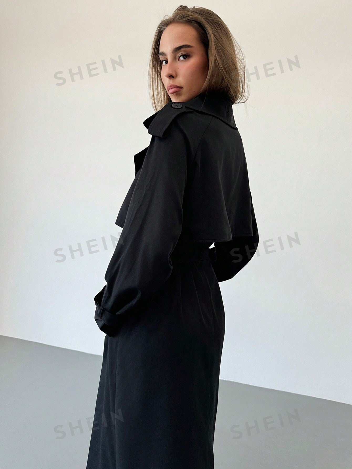 Aloruh New Lapel Collar Cinched Waist Waist Super Long Black Trench Coat With Pockets And Double Breasted For Cool Women - Negative Apparel