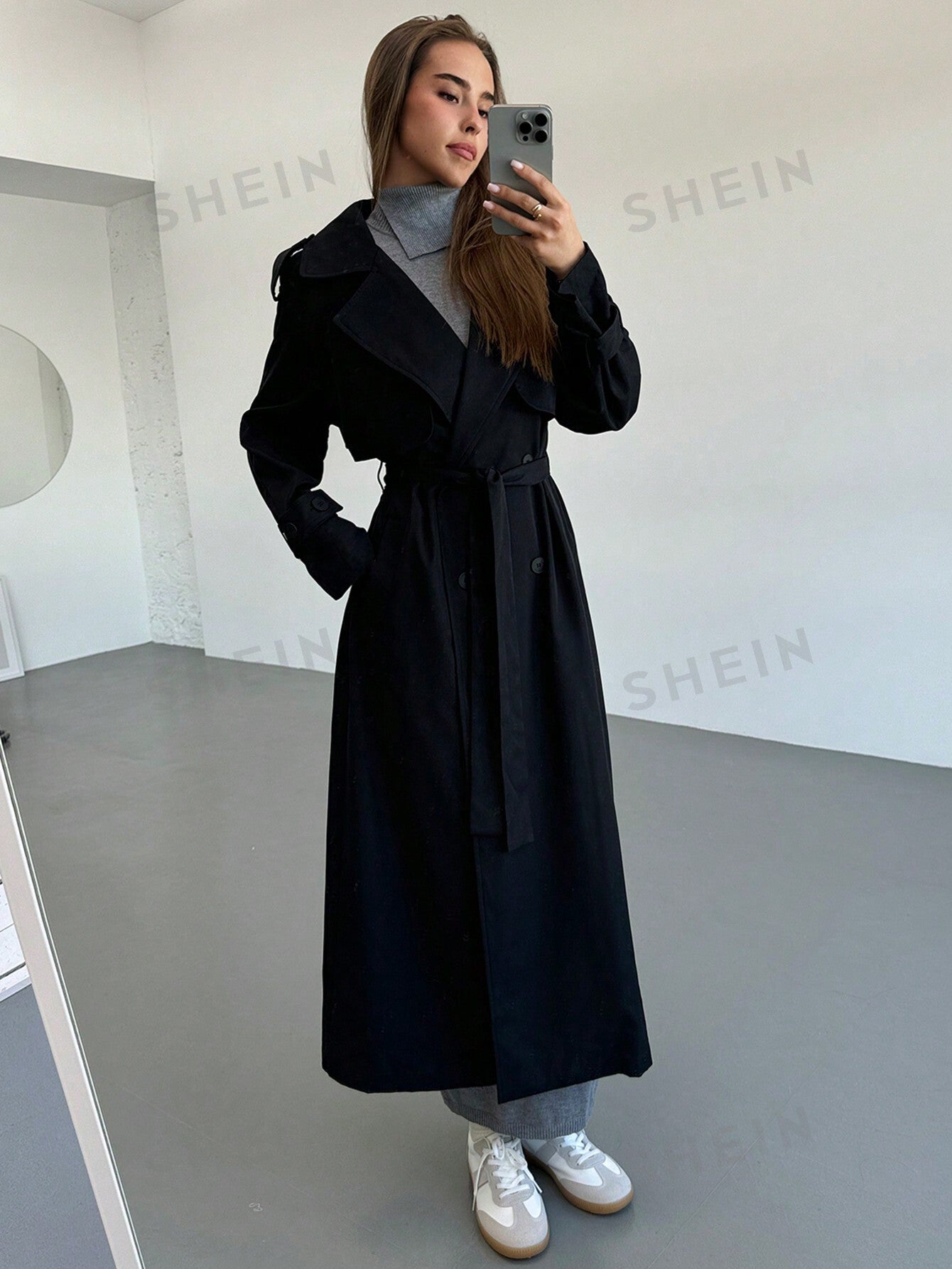 Aloruh New Lapel Collar Cinched Waist Waist Super Long Black Trench Coat With Pockets And Double Breasted For Cool Women - Negative Apparel