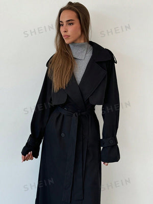 Aloruh New Lapel Collar Cinched Waist Waist Super Long Black Trench Coat With Pockets And Double Breasted For Cool Women - Negative Apparel