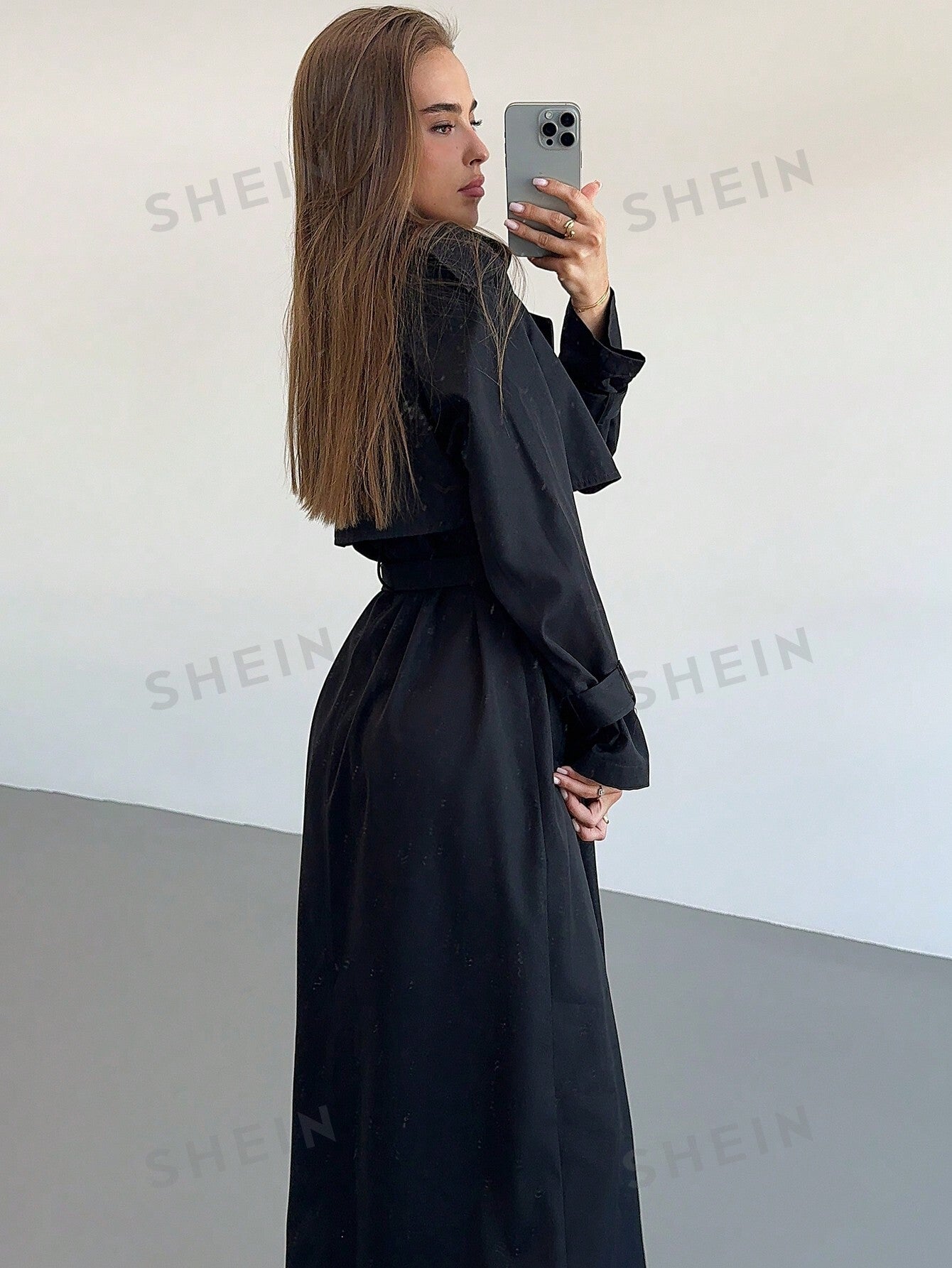 Aloruh New Lapel Collar Cinched Waist Waist Super Long Black Trench Coat With Pockets And Double Breasted For Cool Women - Negative Apparel