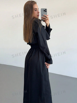 Aloruh New Lapel Collar Cinched Waist Waist Super Long Black Trench Coat With Pockets And Double Breasted For Cool Women - Negative Apparel