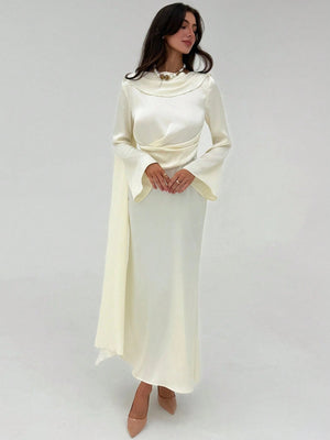 Aloruh Romantic Date Party Flare Sleeve Backless Ribbon Maxi Apricot Satin Dress For Women Bride - Negative Apparel