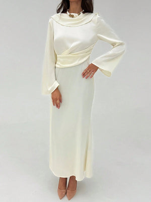 Aloruh Romantic Date Party Flare Sleeve Backless Ribbon Maxi Apricot Satin Dress For Women Bride - Negative Apparel