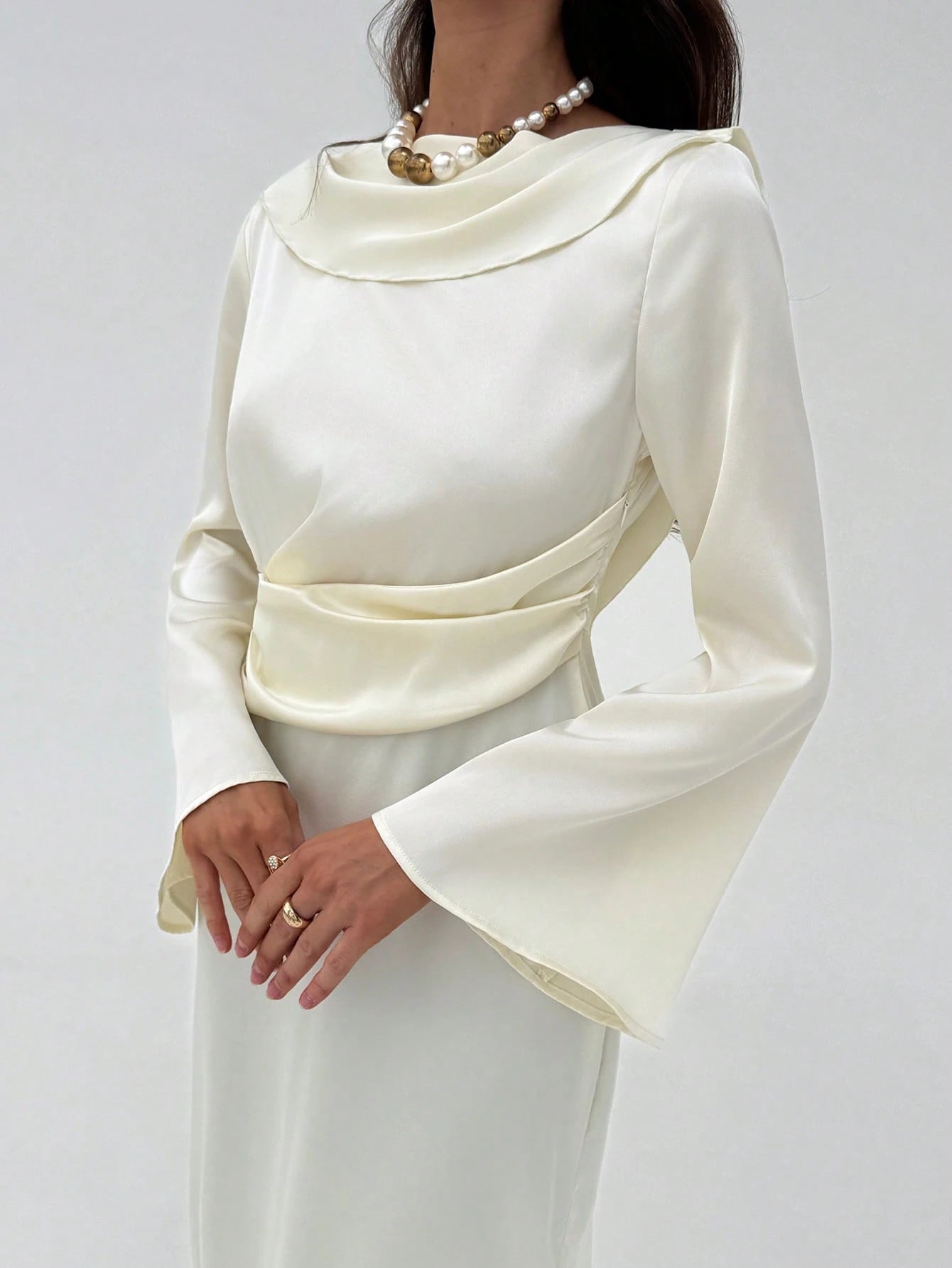 Aloruh Romantic Date Party Flare Sleeve Backless Ribbon Maxi Apricot Satin Dress For Women Bride - Negative Apparel