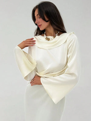 Aloruh Romantic Date Party Flare Sleeve Backless Ribbon Maxi Apricot Satin Dress For Women Bride - Negative Apparel