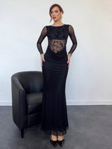 Aloruh Sexy Flocked Splice Waist Sheer Net Long Sleeve Dress, Modern & Alluring - Negative Apparel