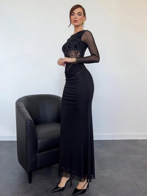 Aloruh Sexy Flocked Splice Waist Sheer Net Long Sleeve Dress, Modern & Alluring - Negative Apparel