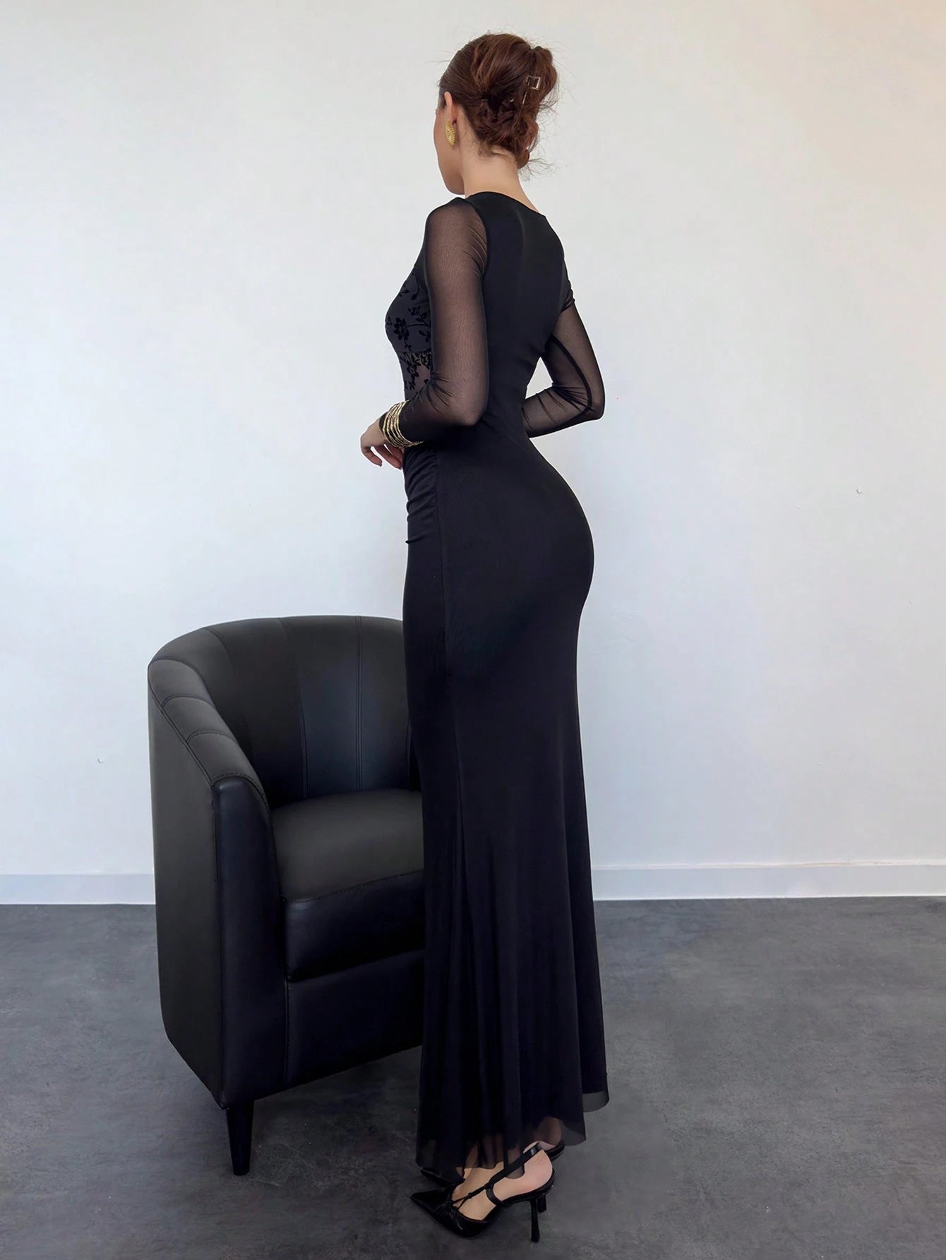 Aloruh Sexy Flocked Splice Waist Sheer Net Long Sleeve Dress, Modern & Alluring - Negative Apparel