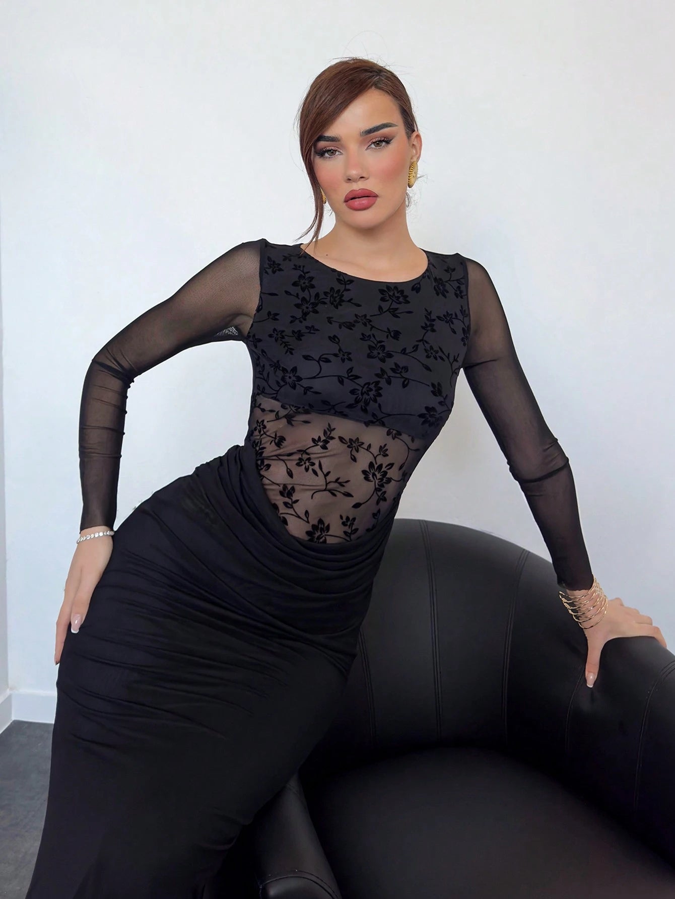 Aloruh Sexy Flocked Splice Waist Sheer Net Long Sleeve Dress, Modern & Alluring - Negative Apparel