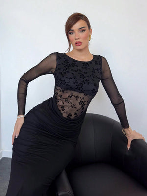 Aloruh Sexy Flocked Splice Waist Sheer Net Long Sleeve Dress, Modern & Alluring - Negative Apparel