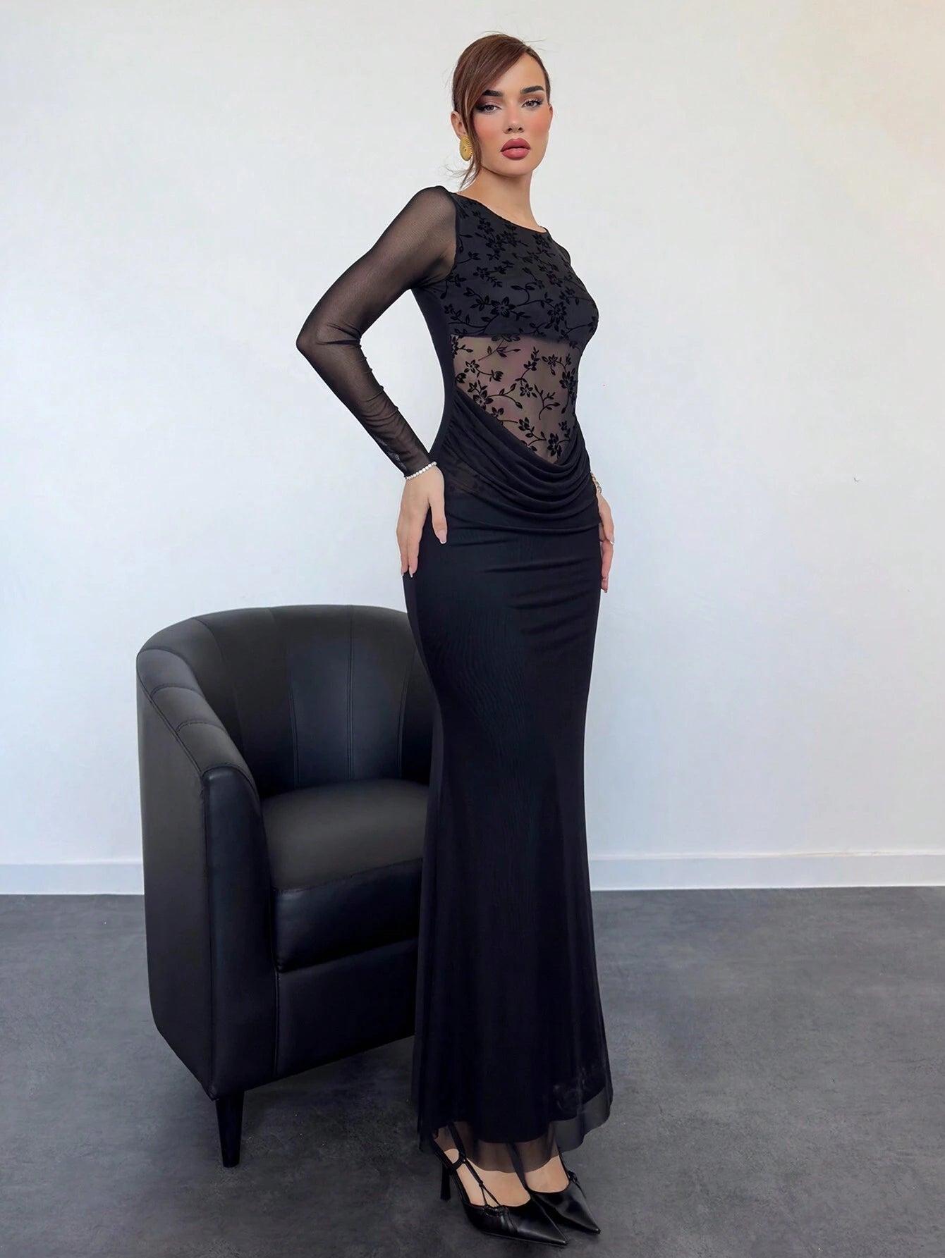 Aloruh Sexy Flocked Splice Waist Sheer Net Long Sleeve Dress, Modern & Alluring - Negative Apparel