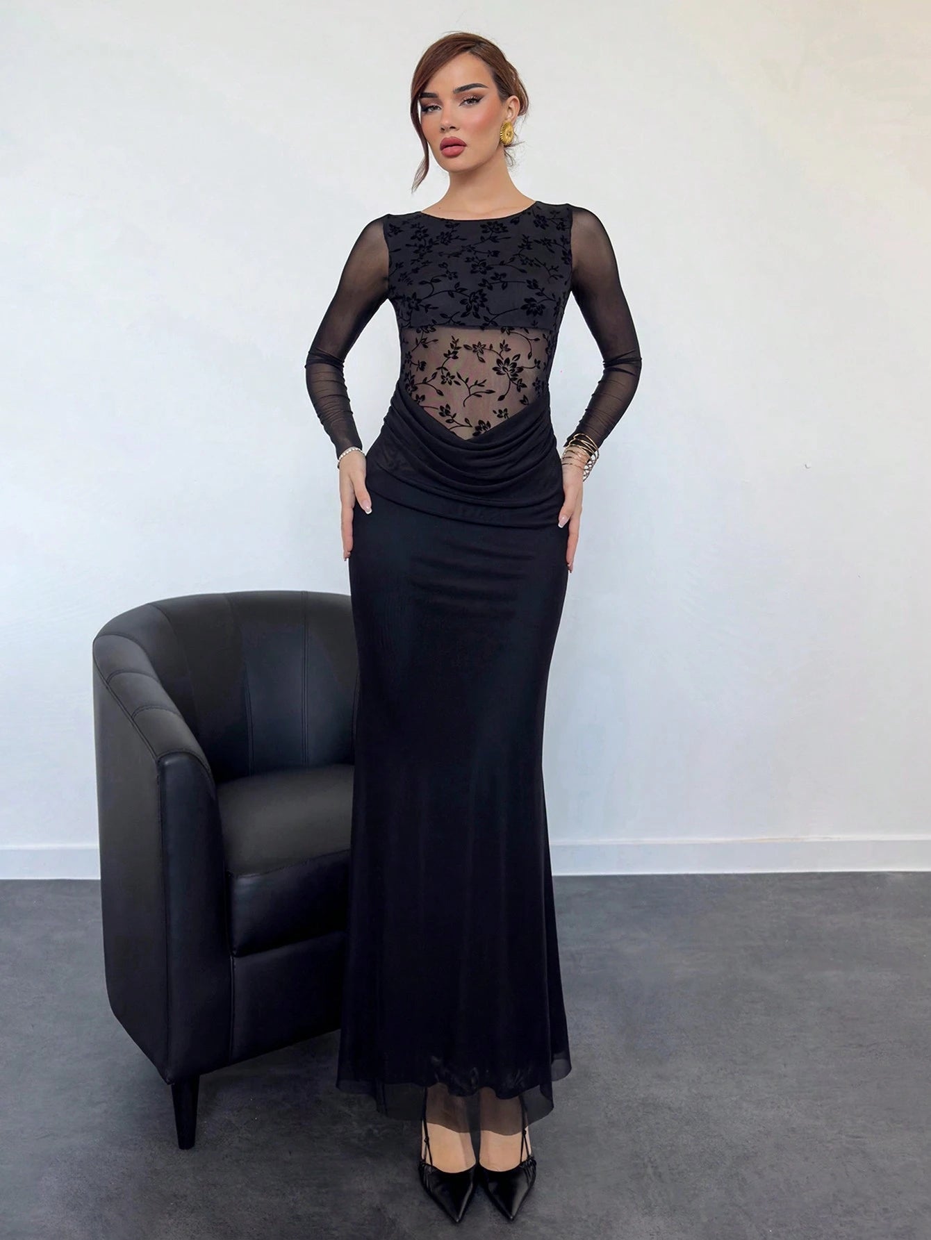 Aloruh Sexy Flocked Splice Waist Sheer Net Long Sleeve Dress, Modern & Alluring - Negative Apparel