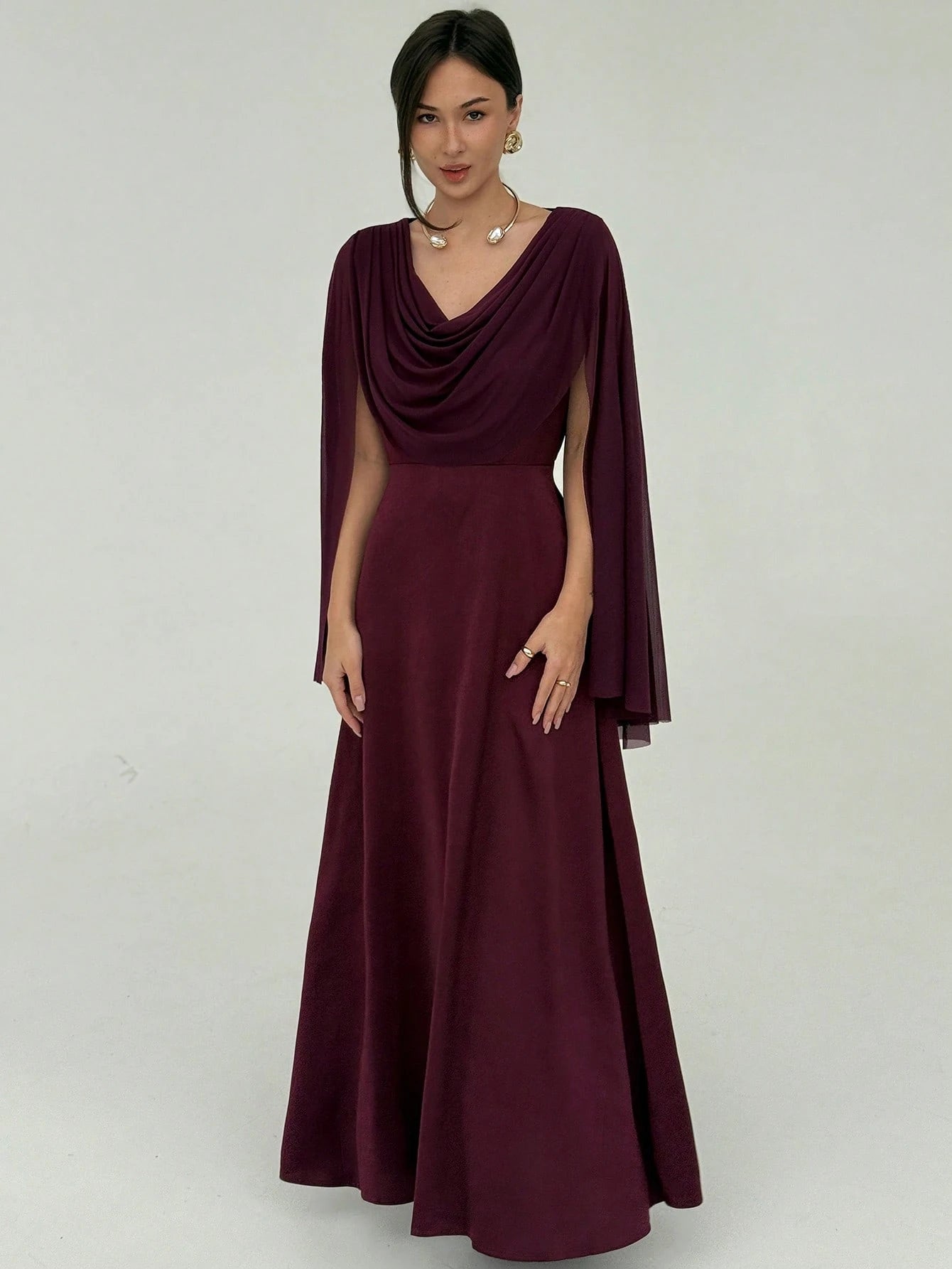 Aloruh Women's Solid Color Draped Collar Cape Sleeve Elegant Dress FD - Negative Apparel