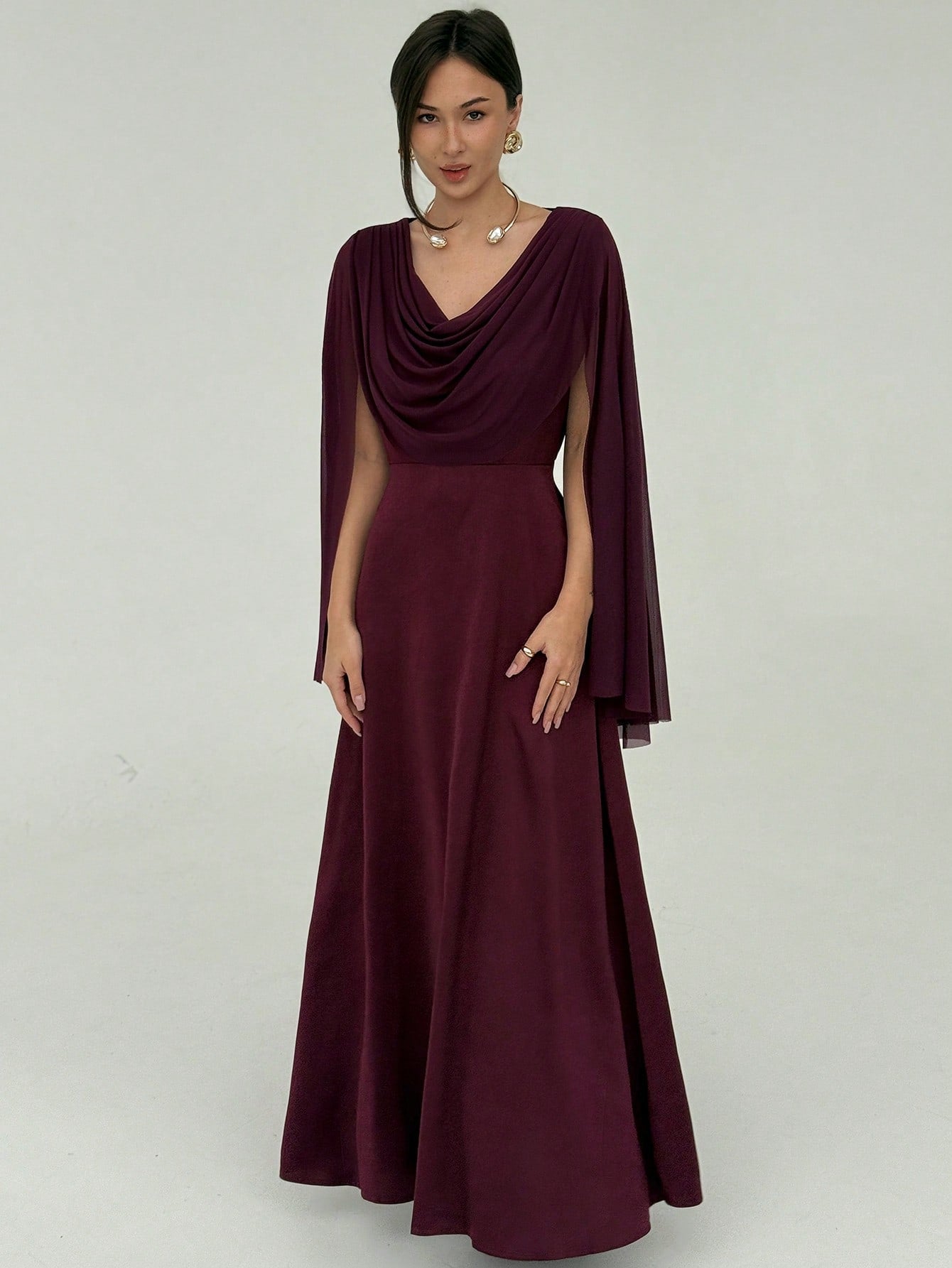 Aloruh Women's Solid Color Draped Collar Cape Sleeve Elegant Dress FD - Negative Apparel