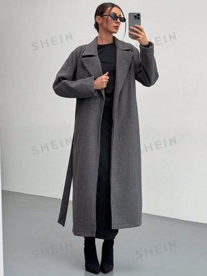 Aloruh Women's Thick, Loose Fit, Turndown Collar Long Woolen Gray Coat, For Autumn And Winter - Negative Apparel