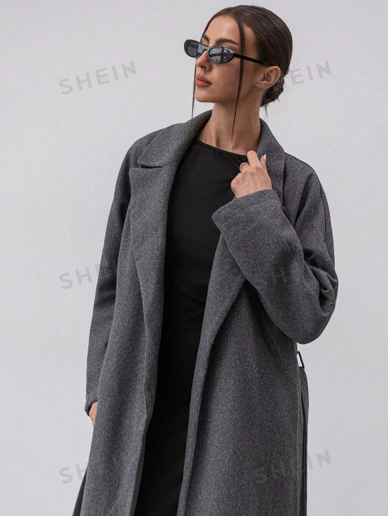 Aloruh Women's Thick, Loose Fit, Turndown Collar Long Woolen Gray Coat, For Autumn And Winter - Negative Apparel