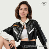 American locomotive contrasting leather jacket women's splicing leather jacket - Negative Apparel
