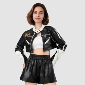 American locomotive contrasting leather jacket women's splicing leather jacket - Negative Apparel