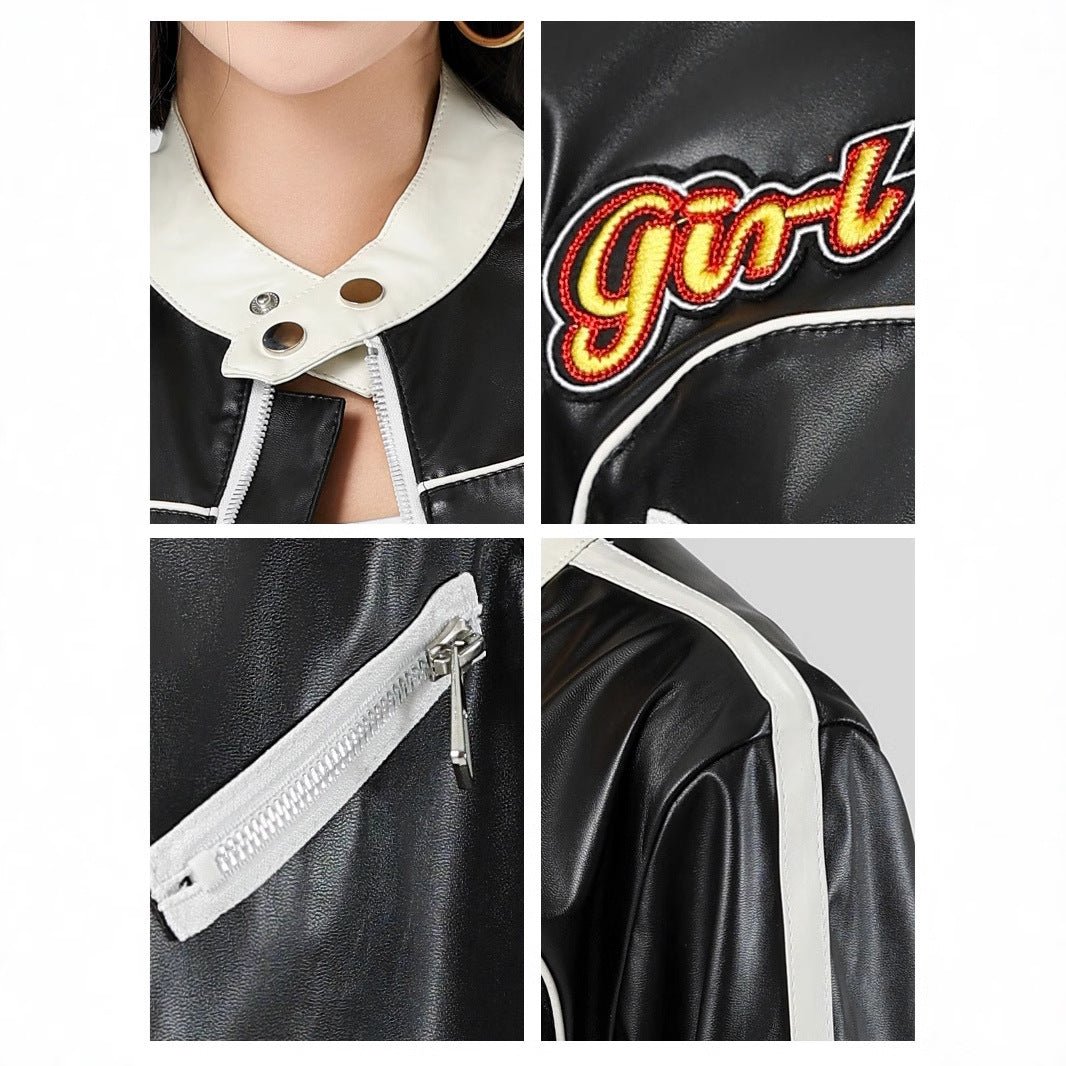 American locomotive contrasting leather jacket women's splicing leather jacket - Negative Apparel