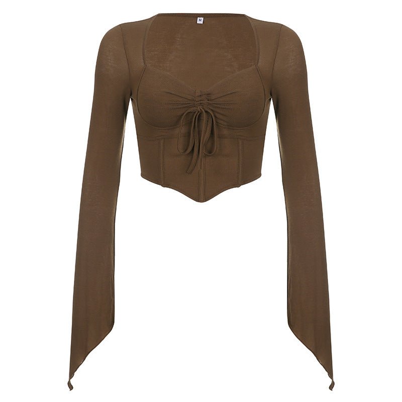 American street style low V - neck long - sleeved T-shirt fishbone waist irregular slim pleated belly - baring top - Negative Apparel