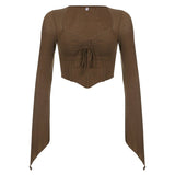 American street style low V - neck long - sleeved T-shirt fishbone waist irregular slim pleated belly - baring top - Negative Apparel