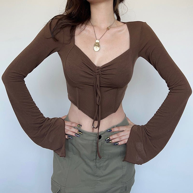 American street style low V - neck long - sleeved T-shirt fishbone waist irregular slim pleated belly - baring top - Negative Apparel