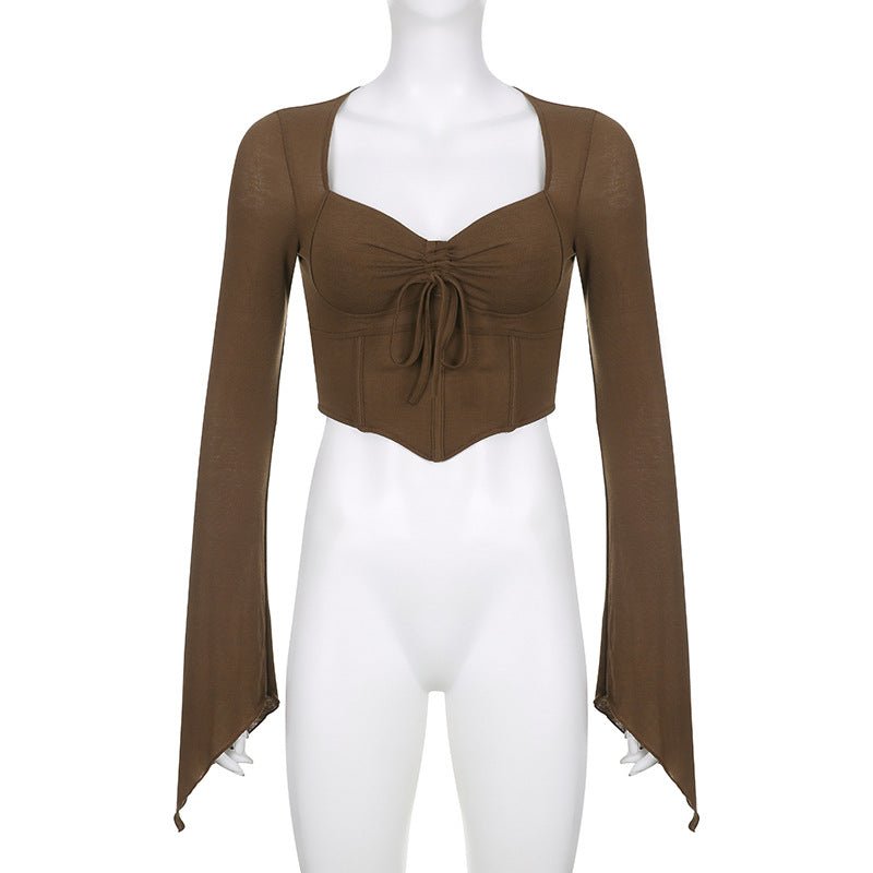 American street style low V - neck long - sleeved T-shirt fishbone waist irregular slim pleated belly - baring top - Negative Apparel