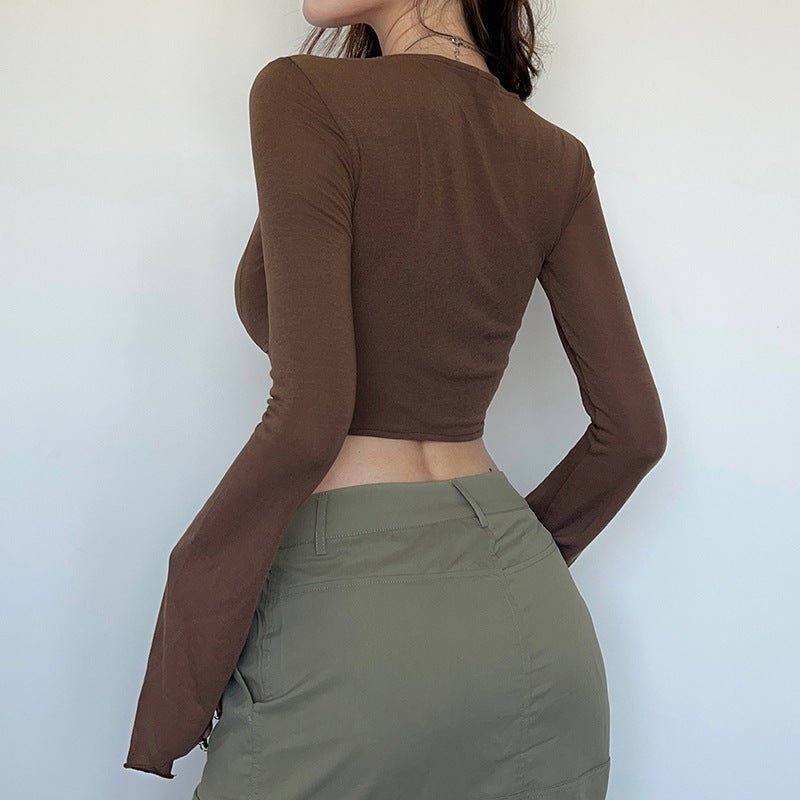 American street style low V - neck long - sleeved T-shirt fishbone waist irregular slim pleated belly - baring top - Negative Apparel