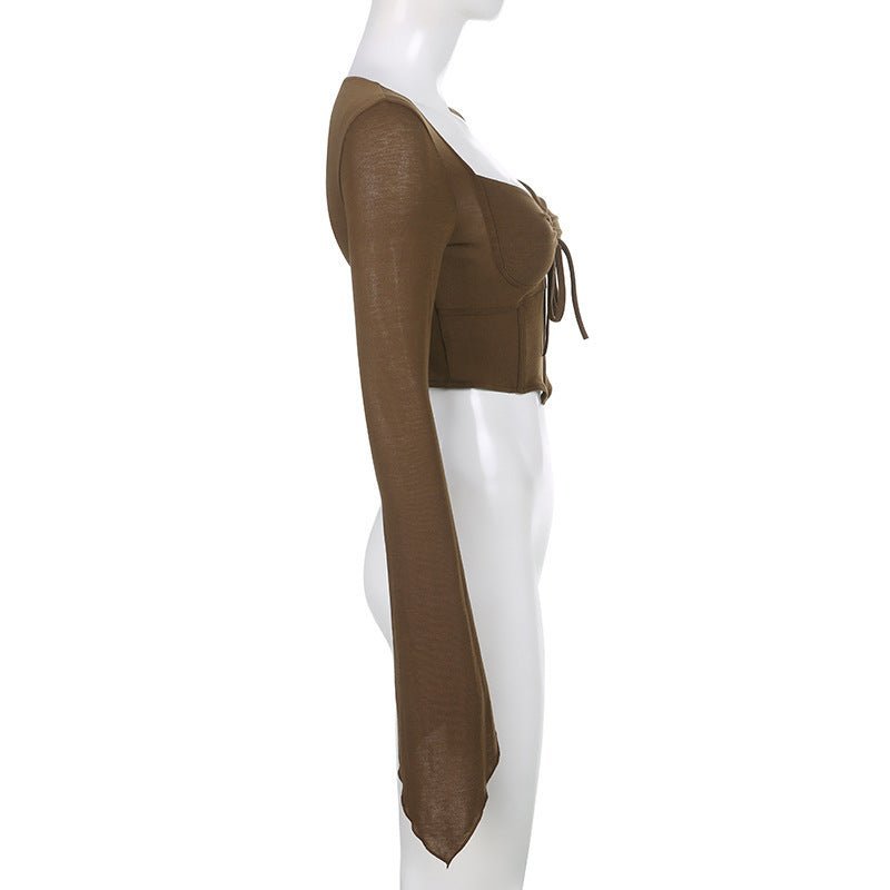 American street style low V - neck long - sleeved T-shirt fishbone waist irregular slim pleated belly - baring top - Negative Apparel