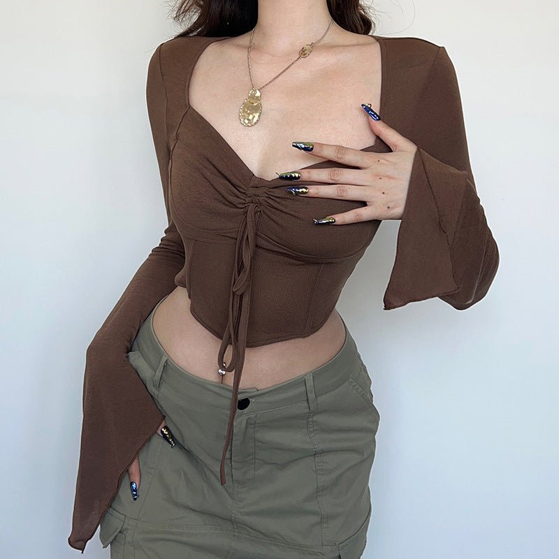 American street style low V - neck long - sleeved T-shirt fishbone waist irregular slim pleated belly - baring top - Negative Apparel