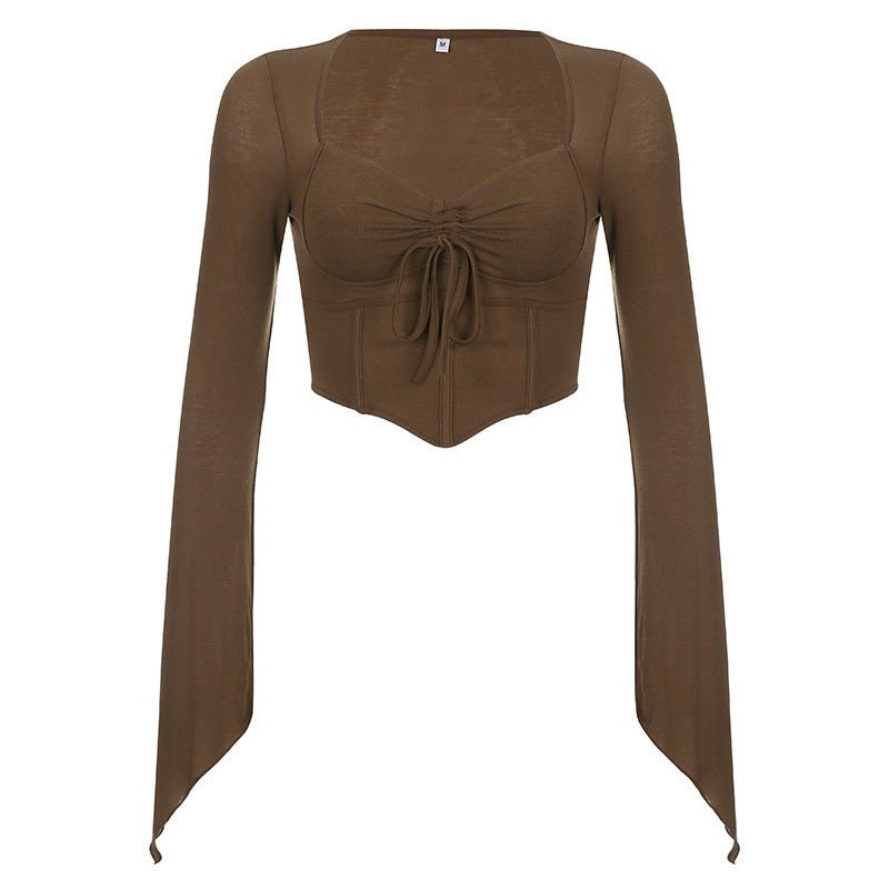 American street style low V - neck long - sleeved T-shirt fishbone waist irregular slim pleated belly - baring top - Negative Apparel